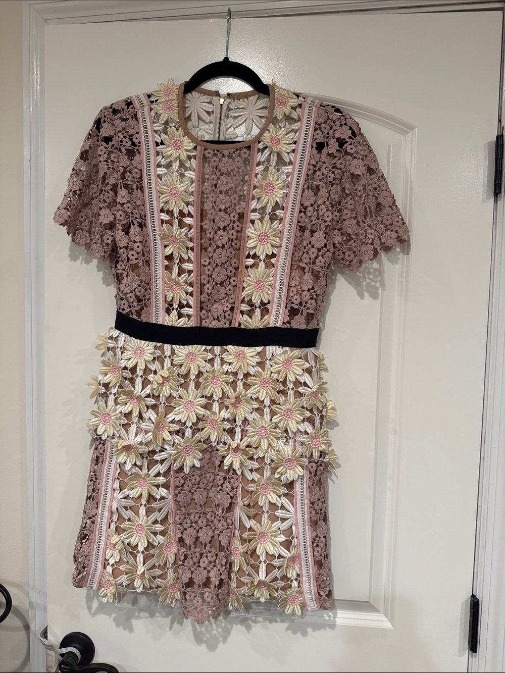 Self Portrait Dusty Rose Lace Dress with Floral Appliqué